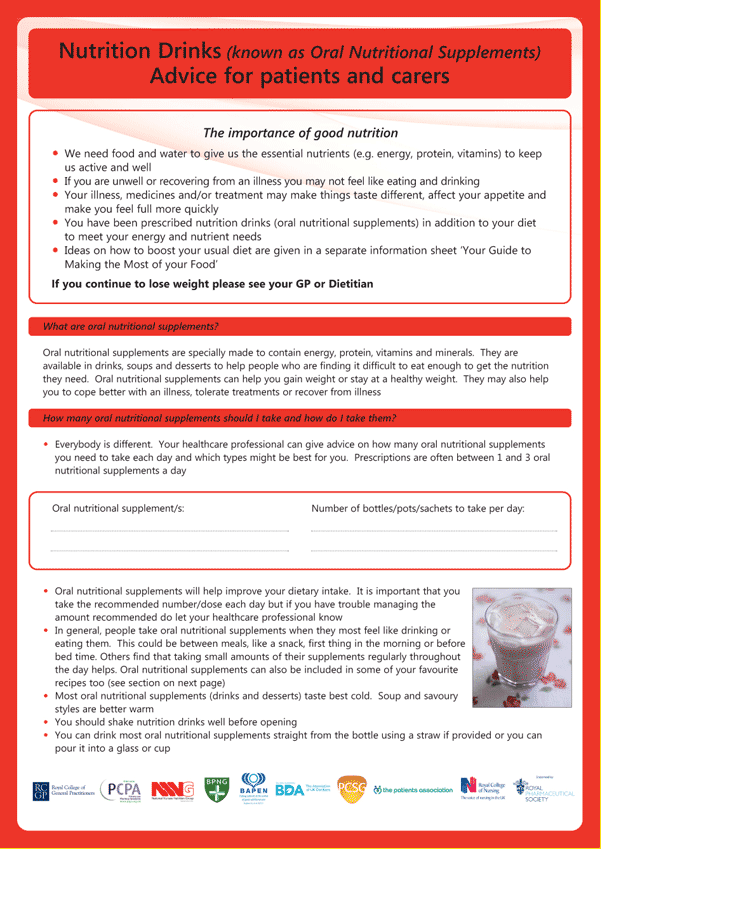red information sheet: high malnutrition risk, dietary advice to patient