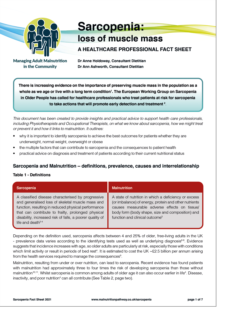 the Malnutrition Pathway Sarcopaenia fact sheet, information and factsheets for health professionals