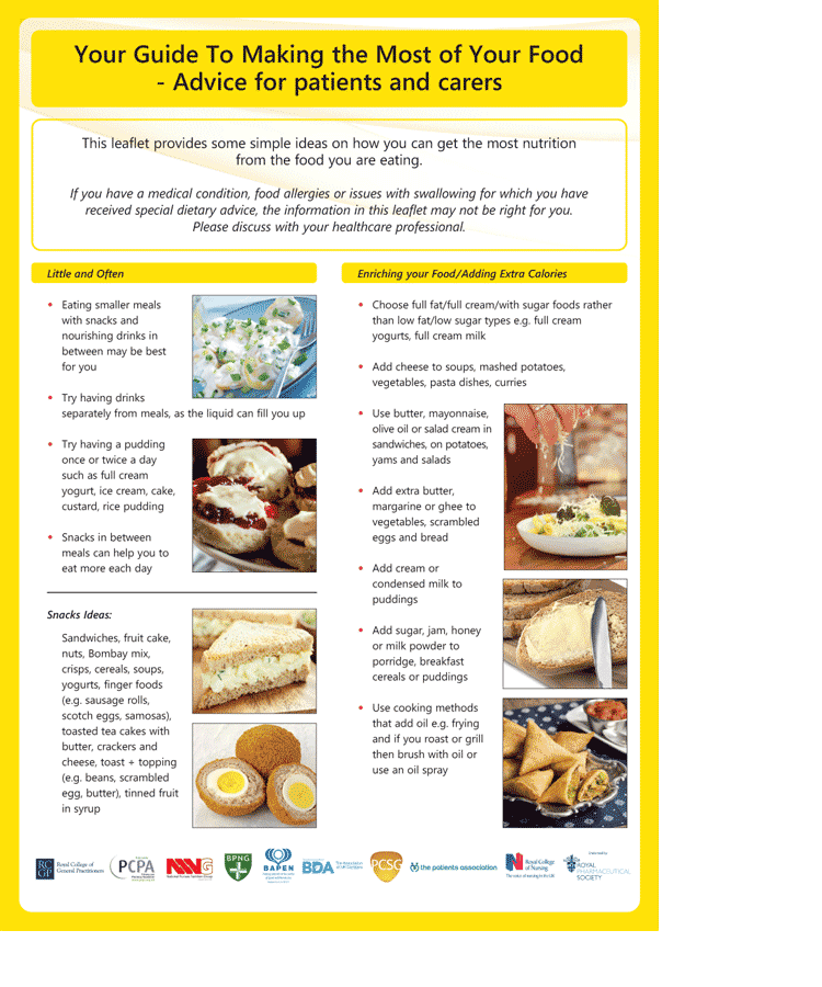 yellow information sheet: medium malnutrition risk, dietary advice to patient